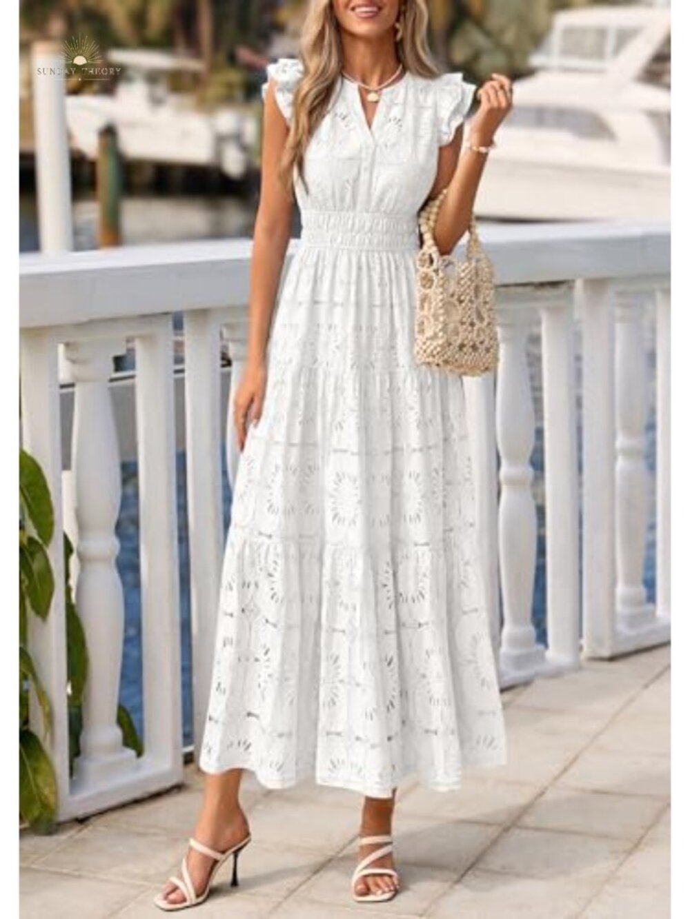 Women's Boho Eyelet Lace Maxi Dress V-Neck Flutter Sleeve Fit & Flare - Picture 2 of 6